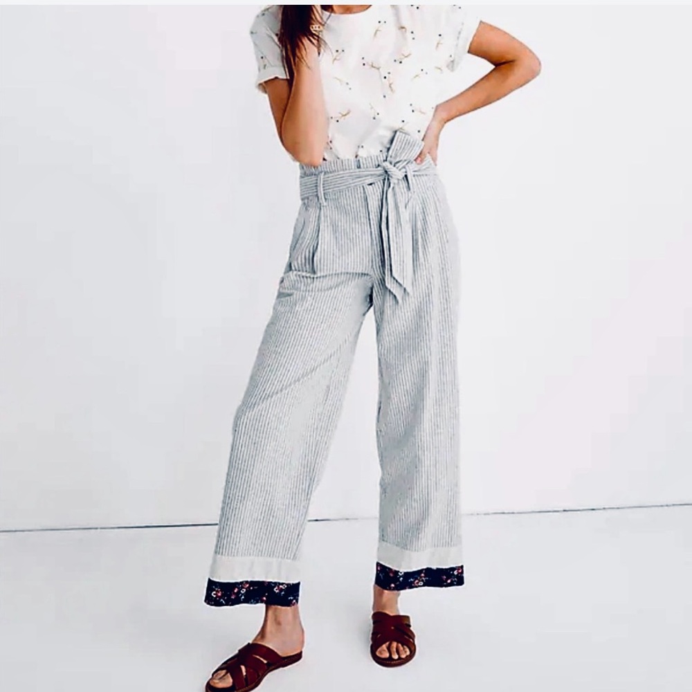 Madewell X The Denim Project navy striped paper bag pants